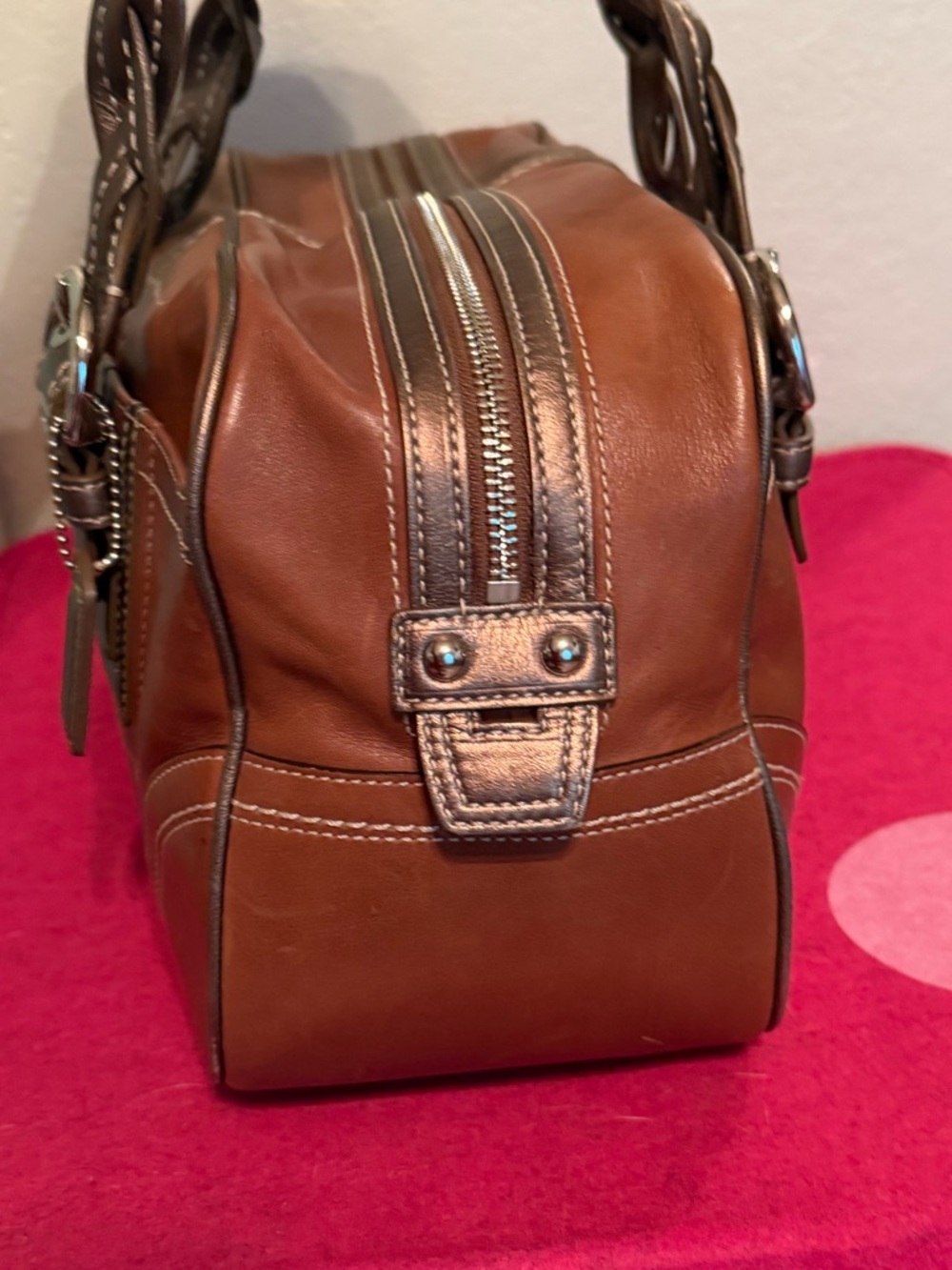 Coach Brown Leather Satchel with Braided Metallic Handles - Picture 6 of 12